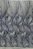 Curvy Line Design Fabric - Navy Blue - 4 Way Stretch Sequins Design Mesh Lace Fabric by Yard