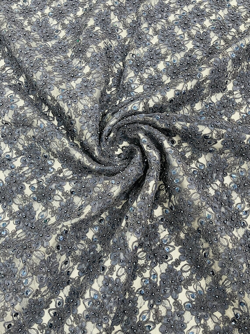 Floral Pearls and Sequins Fabric - Navy Blue - Beaded Fabric Embroidered Lace By The Yard