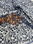 Shimmer Glitter Flower Fabric - Navy Blue - Small Glitter Flower Design on Lace Sold By Yard