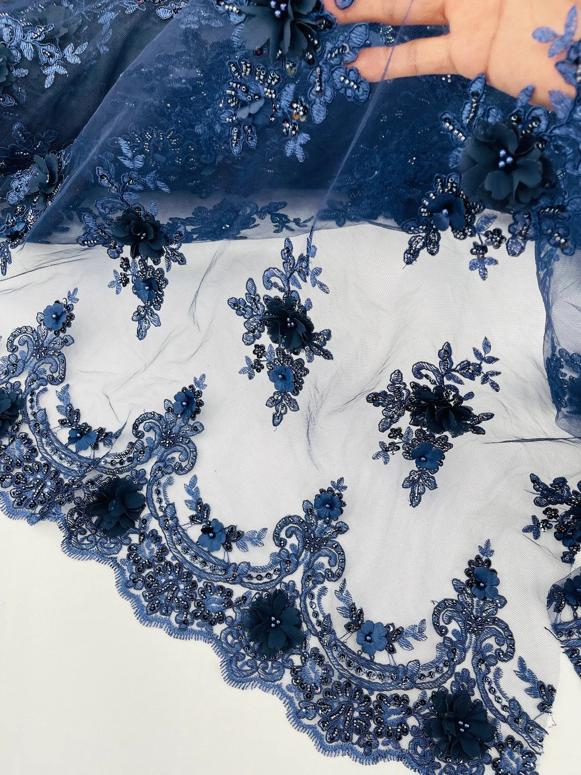 3D Floral Pearl Design - Navy Blue - Floral Embroidered Pearls and Sequins Fabric By Yard