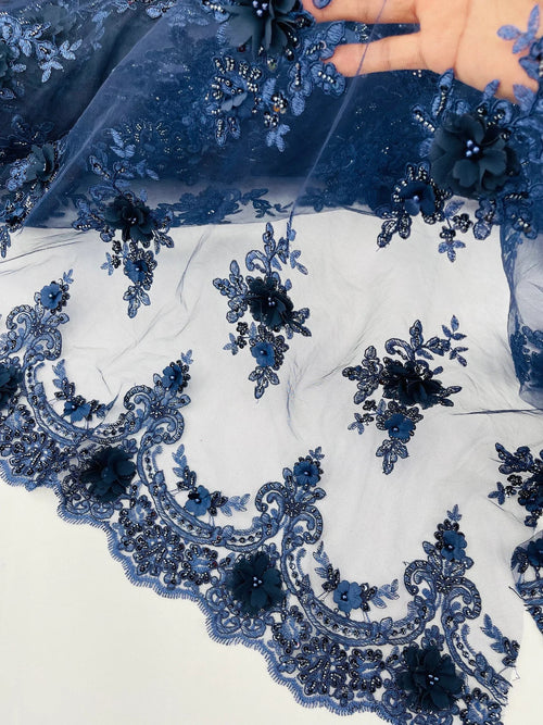 3D Floral Pearl Design - Navy Blue - Floral Embroidered Pearls and Sequins Fabric By Yard