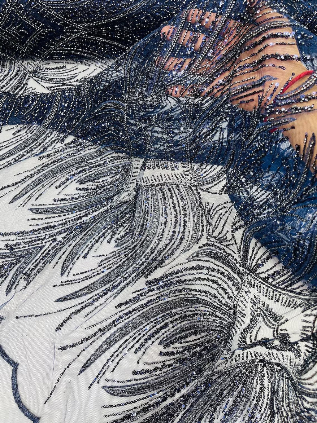 Beaded Lines Fabric - Navy Blue - Luxury Beads and Sequins Line Design Fabric By Yard