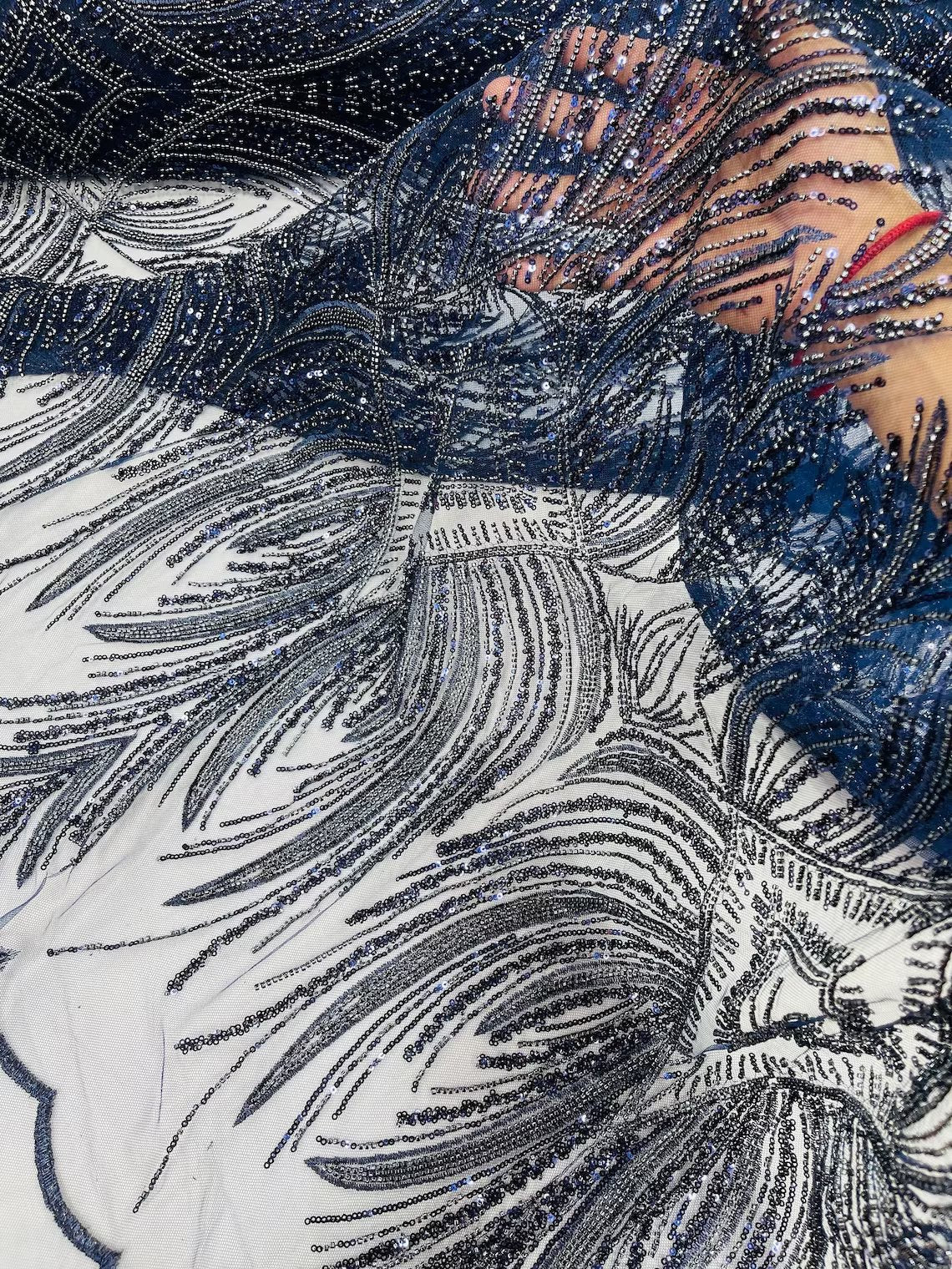 Beaded Lines Fabric - Navy Blue - Luxury Beads and Sequins Line Design Fabric By Yard