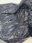 Mermaid Design Sequins Fabric - Navy Blue - Sequins Fabric 4 Way Stretch on Mesh By Yard