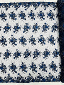 3D Flower Sequins Design - Navy Blue - Embroidered Pearl Sequins Floral Clusters Lace Fabric By Yard