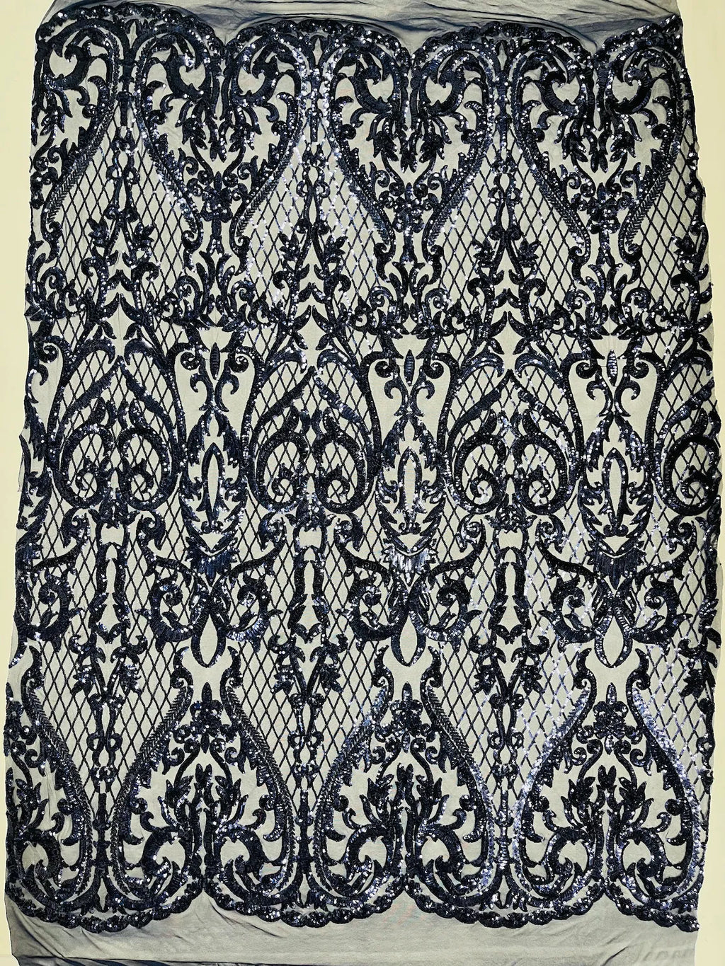 Heart Damask Sequins - Navy Blue - 4 Way Stretch Sequins Fabric By Yard