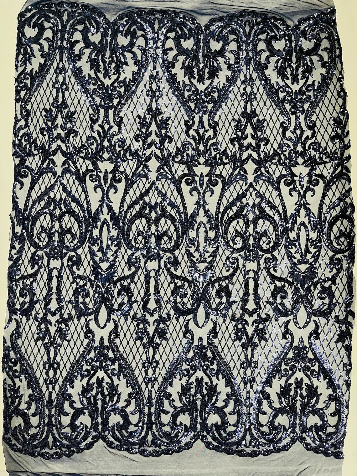 Heart Damask Sequins - Navy Blue - 4 Way Stretch Sequins Fabric By Yard
