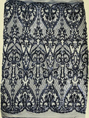 Heart Damask Sequins - Navy Blue - 4 Way Stretch Sequins Fabric By Yard