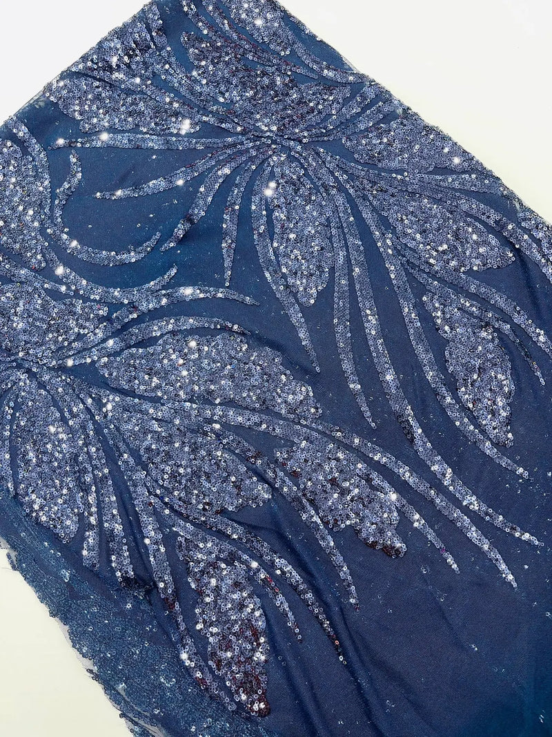 Wavy Leaf Sequins Fabric - Navy Blue - Wavy Lines and Leaves Design on Lace Mesh Fabric by Yard