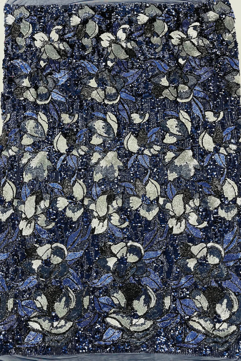 Orchid Design Sequins - Navy Blue - 4 Way Stretch Full Sequins Floral Design Mesh Fabric By Yard