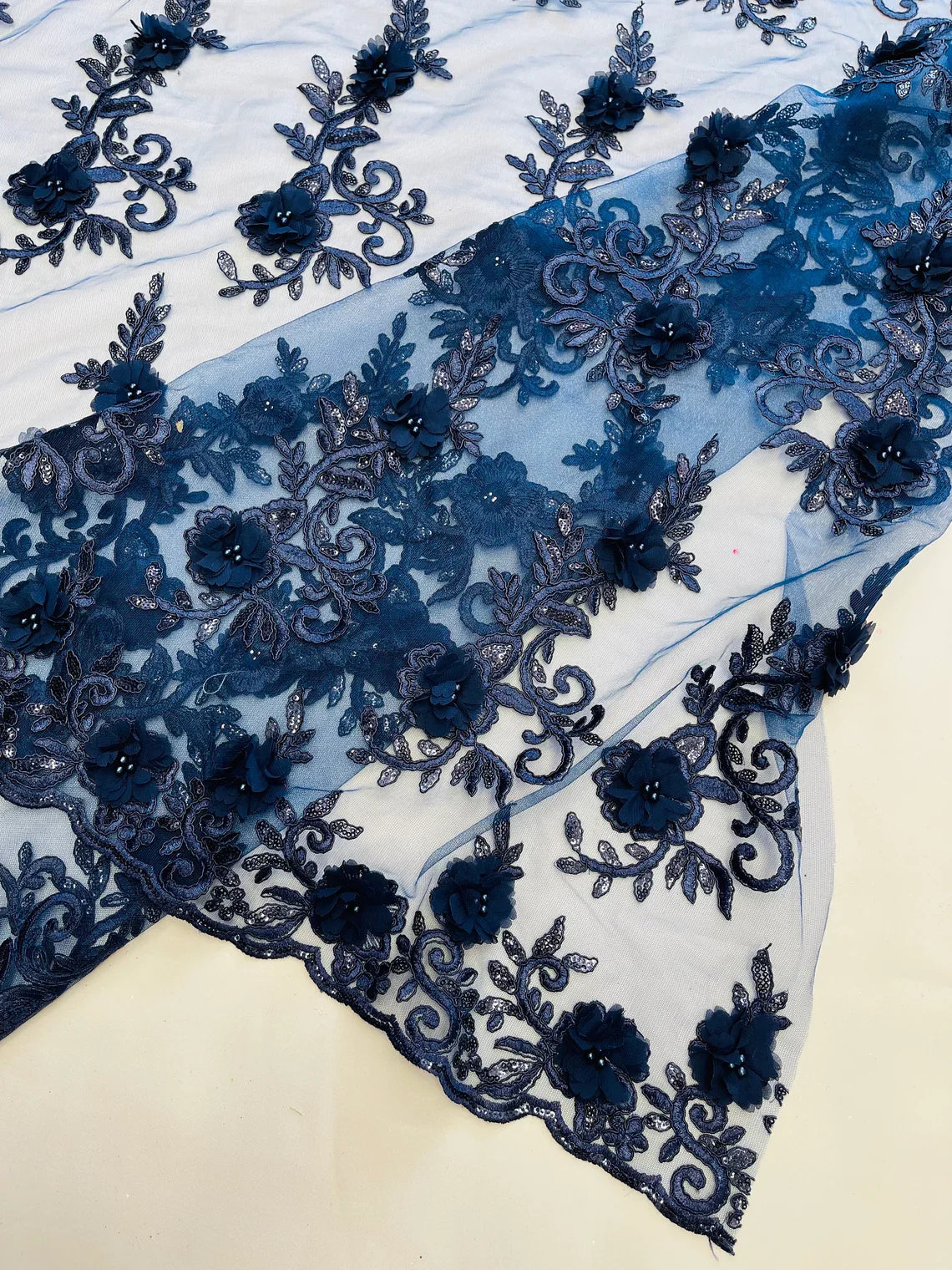 3D Flower Cluster Fabric - Navy Blue - 3D Flower Leaf Design Fabric with Pearls Sold By Yard
