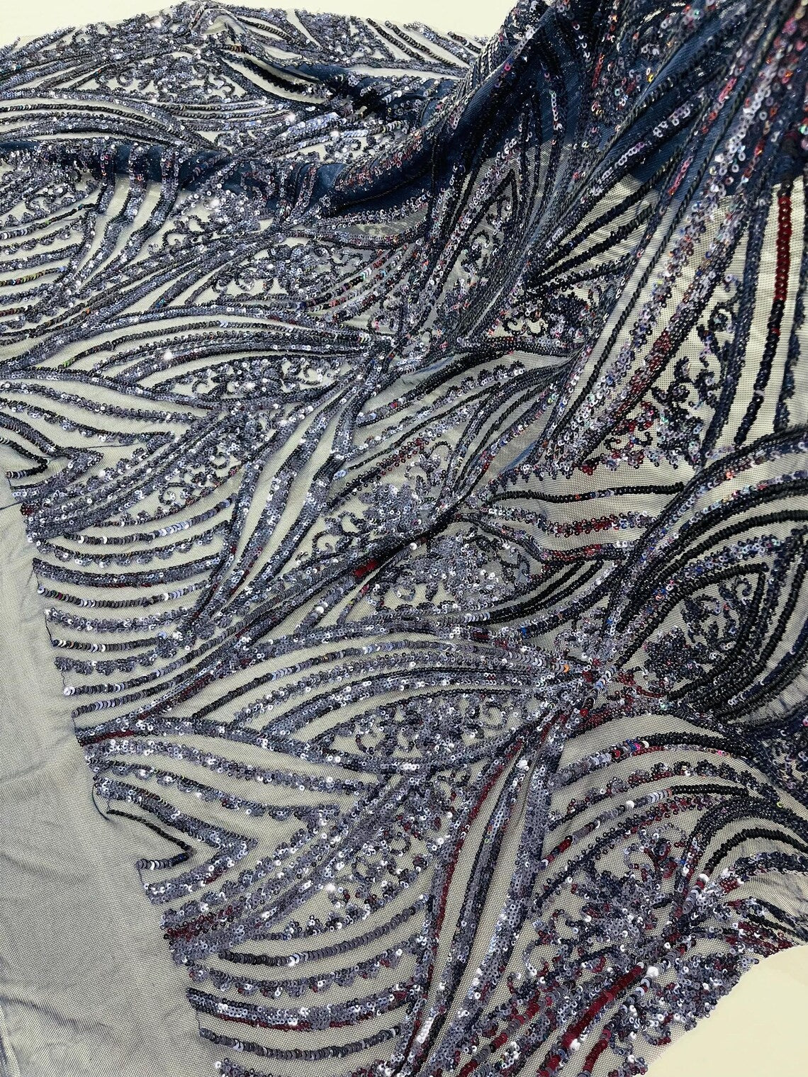 Curvy Line Design Fabric - Navy Blue - 4 Way Stretch Sequins Design Mesh Lace Fabric by Yard