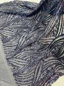 Curvy Line Design Fabric - Navy Blue - 4 Way Stretch Sequins Design Mesh Lace Fabric by Yard