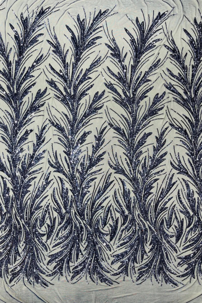 Leaf Design Stretch Sequins - Navy Blue - 4 Way Stretch Lace Mesh Sequins Fabric by Yard