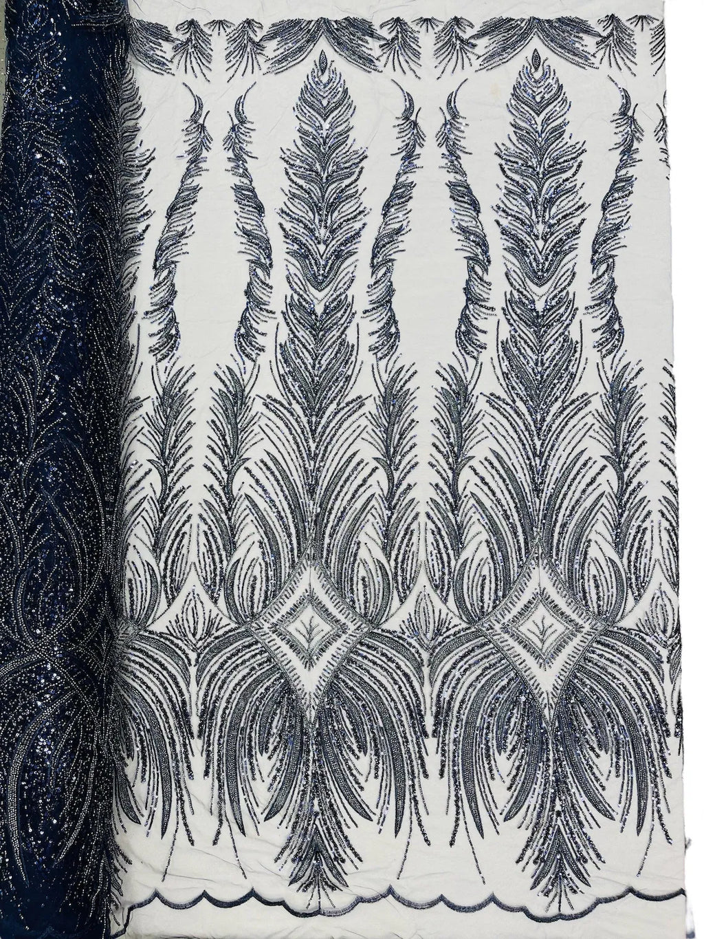 Beaded Lines Fabric - Navy Blue - Luxury Beads and Sequins Line Design Fabric By Yard