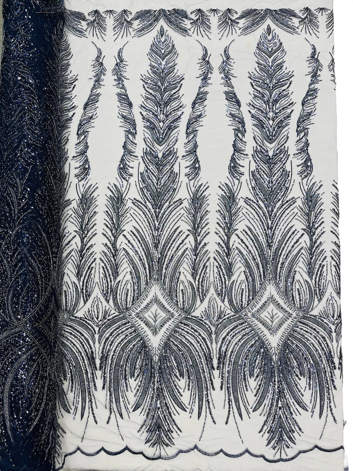 Beaded Lines Fabric - Navy Blue - Luxury Beads and Sequins Line Design Fabric By Yard