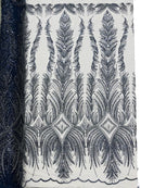 Beaded Lines Fabric - Navy Blue - Luxury Beads and Sequins Line Design Fabric By Yard