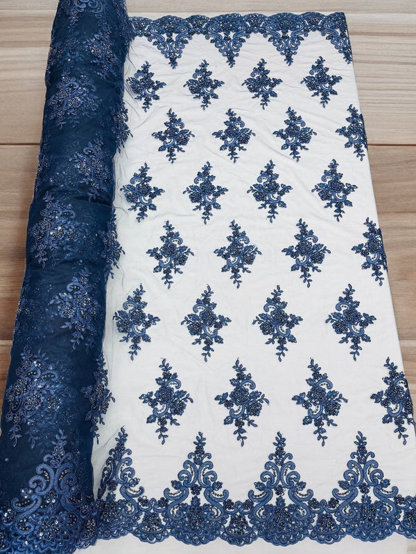 Beaded Floral Fabric - Navy Blue - Floral Cluster Design Fabric with Damask Border by Yard