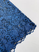 Fancy Damask Lace Fabric - Navy Blue - Embroidered Damask Design Mesh on Lace Fabric by Yard