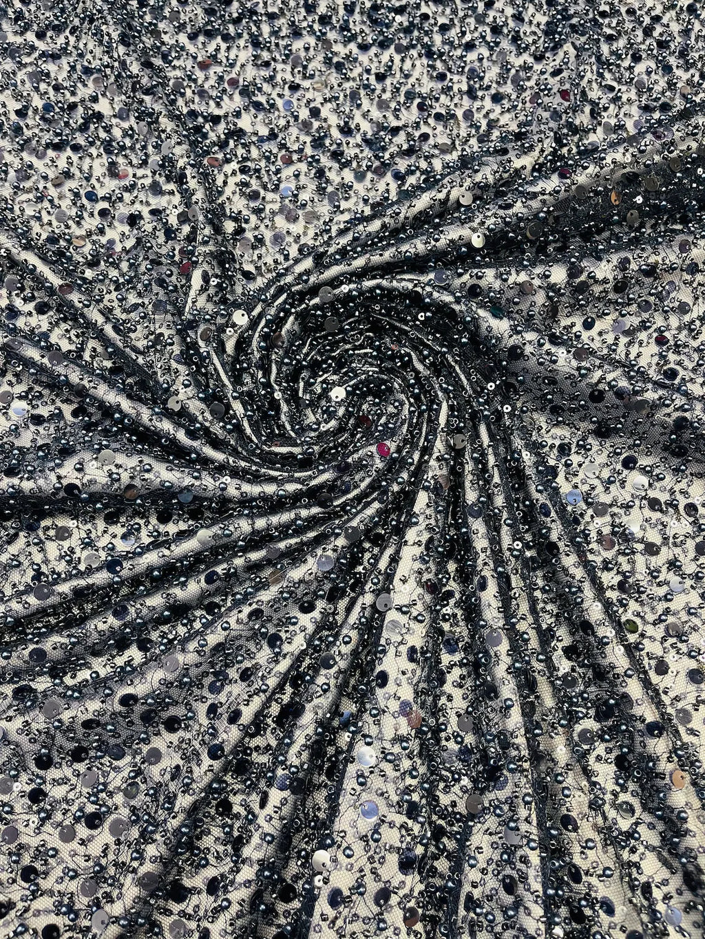 Heavy Duty Sequins Pearl Fabric - Navy Blue - Heavy Handmade Embroidery Lace with Sequins All Over By Yard