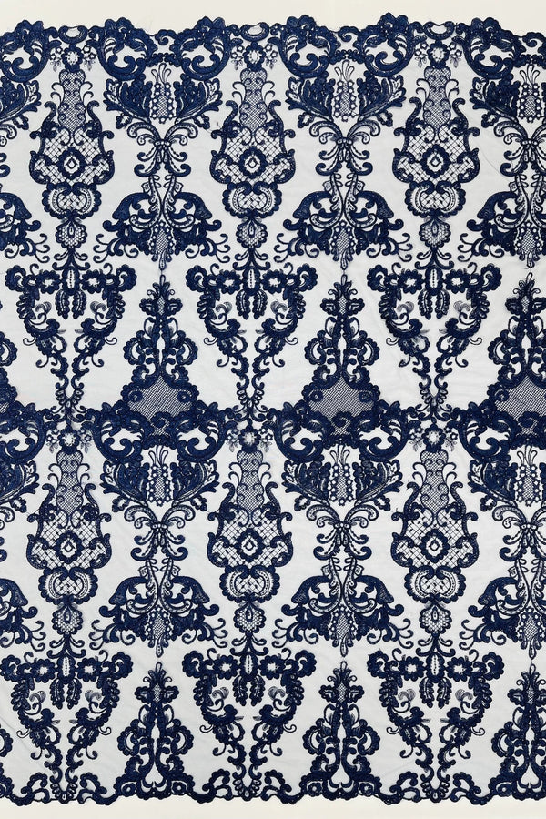 King Lace Pattern Fabric - Navy Blue - Embroidered Sequins on Lace Mesh Fabric By Yard