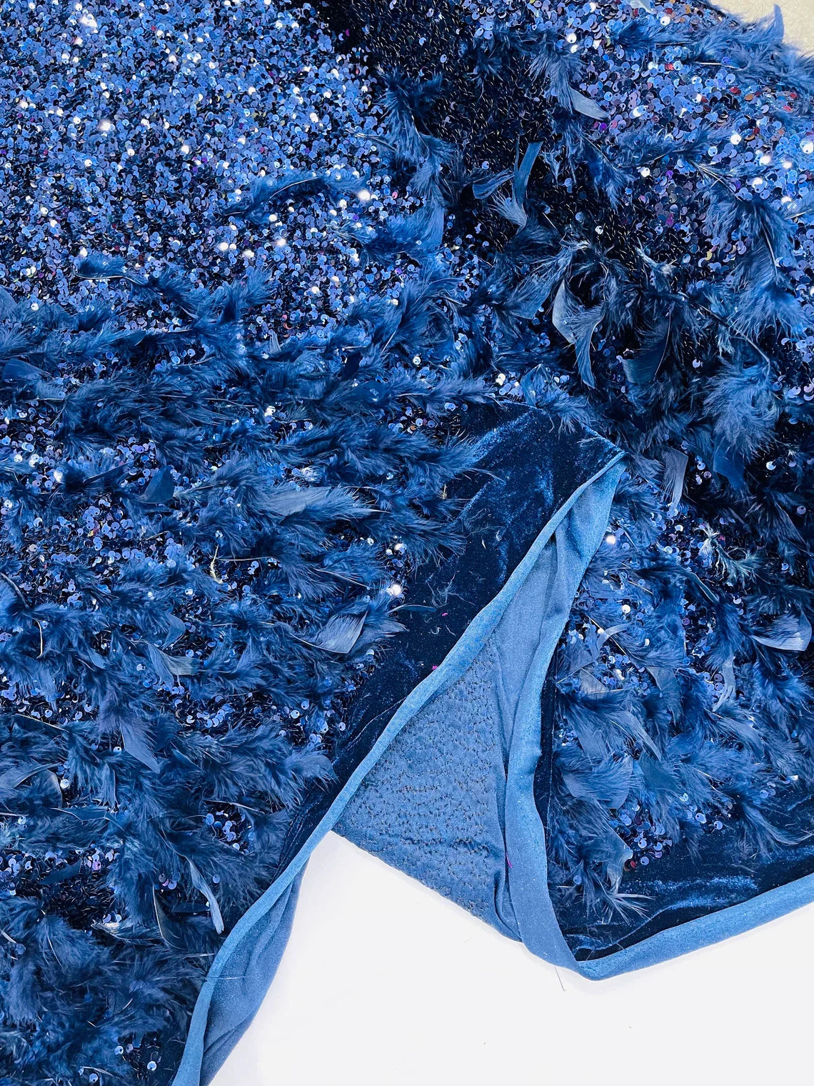Feather Sequin Velvet Fabric - Navy Blue - 5mm Sequins Velvet 2 Way Stretch 58/60" Fabric By Yard