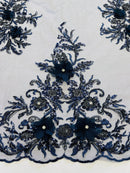 3D Floral Rhinestone Fabric - Navy Blue - Beaded Flower Clusters with Rhinestones and Sequins By Yard