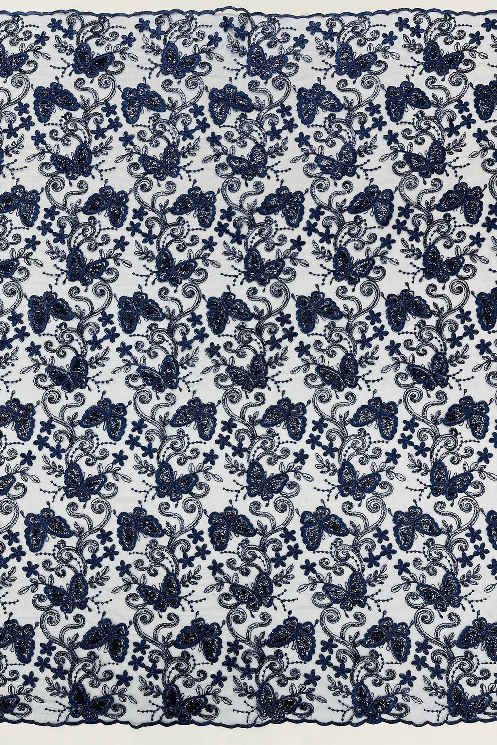 Butterfly Sequins Fabric - Navy Blue - Metallic Floral Butterfly Design on Lace Fabric By Yard