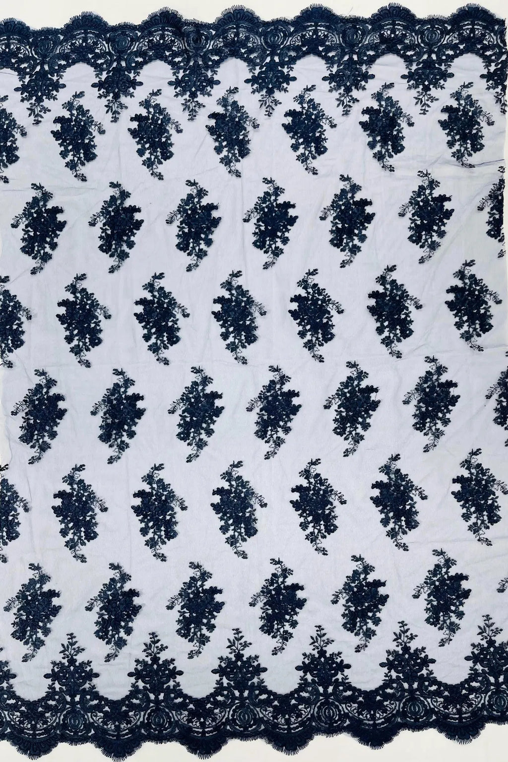 Floral Damask Lace Fabric - Navy Blue - Embroidered Damask Flowers on Lace Fabric By Yard