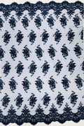 Floral Damask Lace Fabric - Navy Blue - Embroidered Damask Flowers on Lace Fabric By Yard