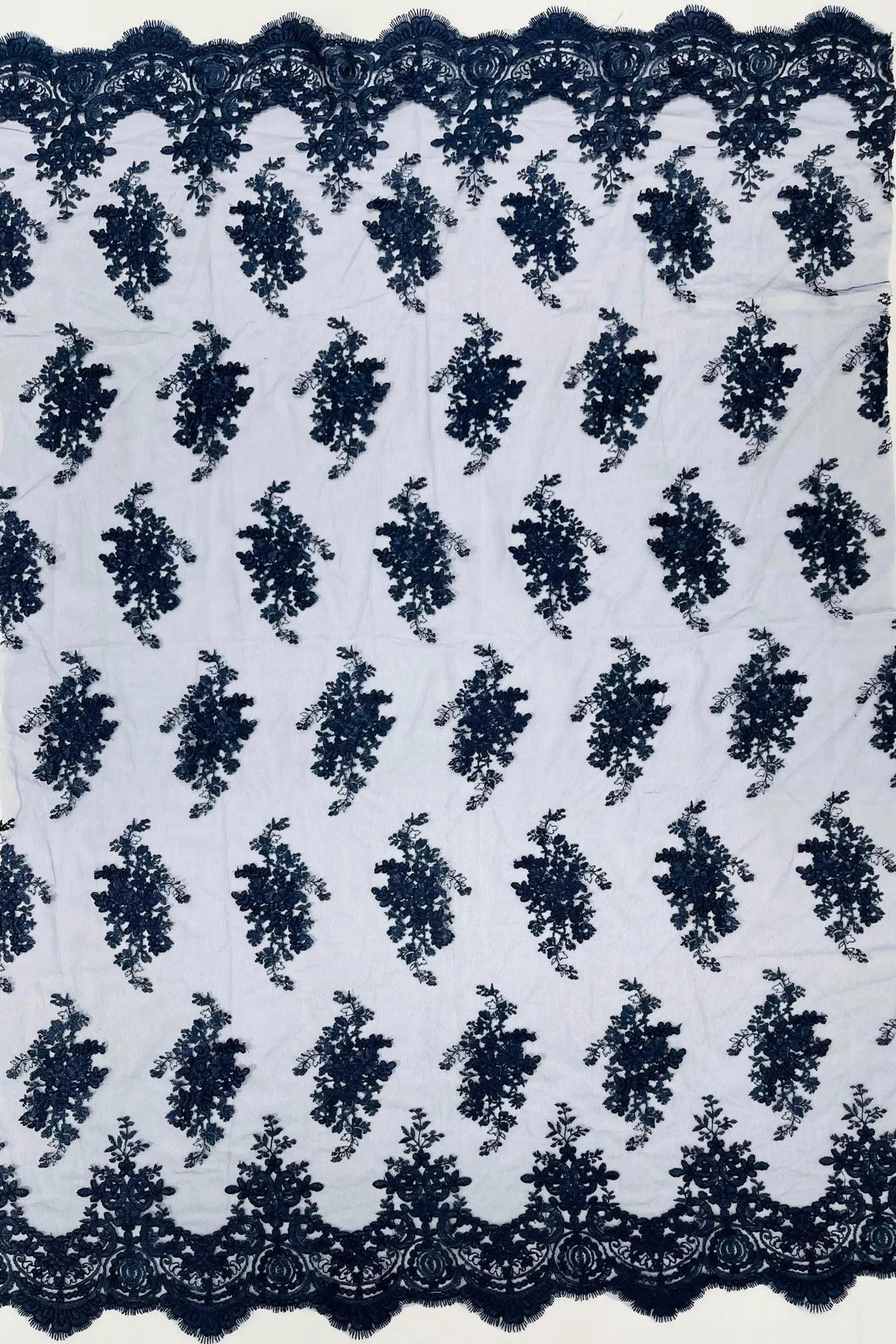 Floral Damask Lace Fabric - Navy Blue - Embroidered Damask Flowers on Lace Fabric By Yard
