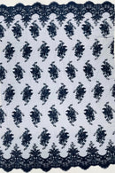 Floral Damask Lace Fabric - Navy Blue - Embroidered Damask Flowers on Lace Fabric By Yard