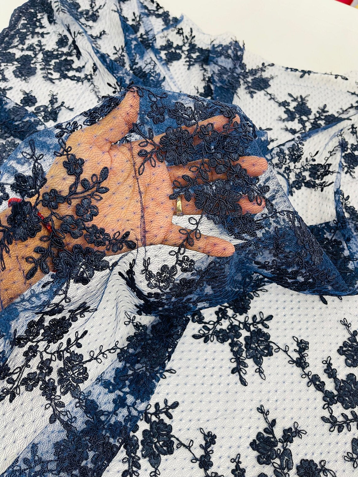 Embroidered Corded Lace Fabric - Navy Blue - Cluster Fancy Flower Embroidered Lace Fabric By Yard