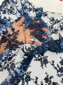 Embroidered Corded Lace Fabric - Navy Blue - Cluster Fancy Flower Embroidered Lace Fabric By Yard