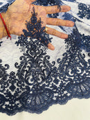 Damask Border Corded Lace - Navy Blue - Floral Cluster Design Damask Border on Lace Fabric Yard