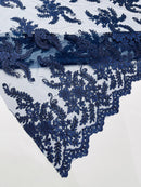 Long Leaf Designs Lace Fabric - Navy Blue - Embroidered Braid Leaf Pattern on Lace Mesh Fabric By Yard