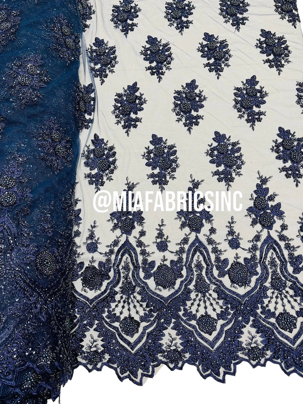 Round Flower Beaded Fabric - Navy Blue - Embroidered Fashion Design Beads and Sequins On Mesh by The Yard