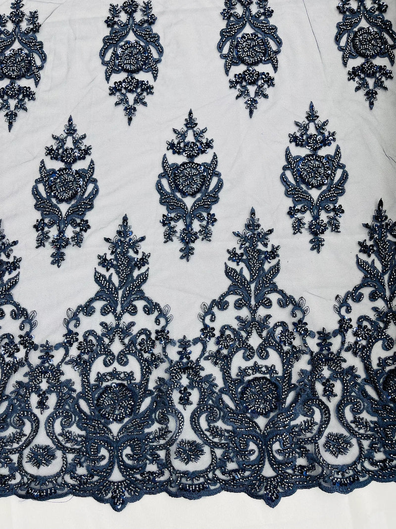 Floral Bead Embroidery Fabric - Navy Blue - Damask Floral Bead Bridal Lace Fabric by the yard