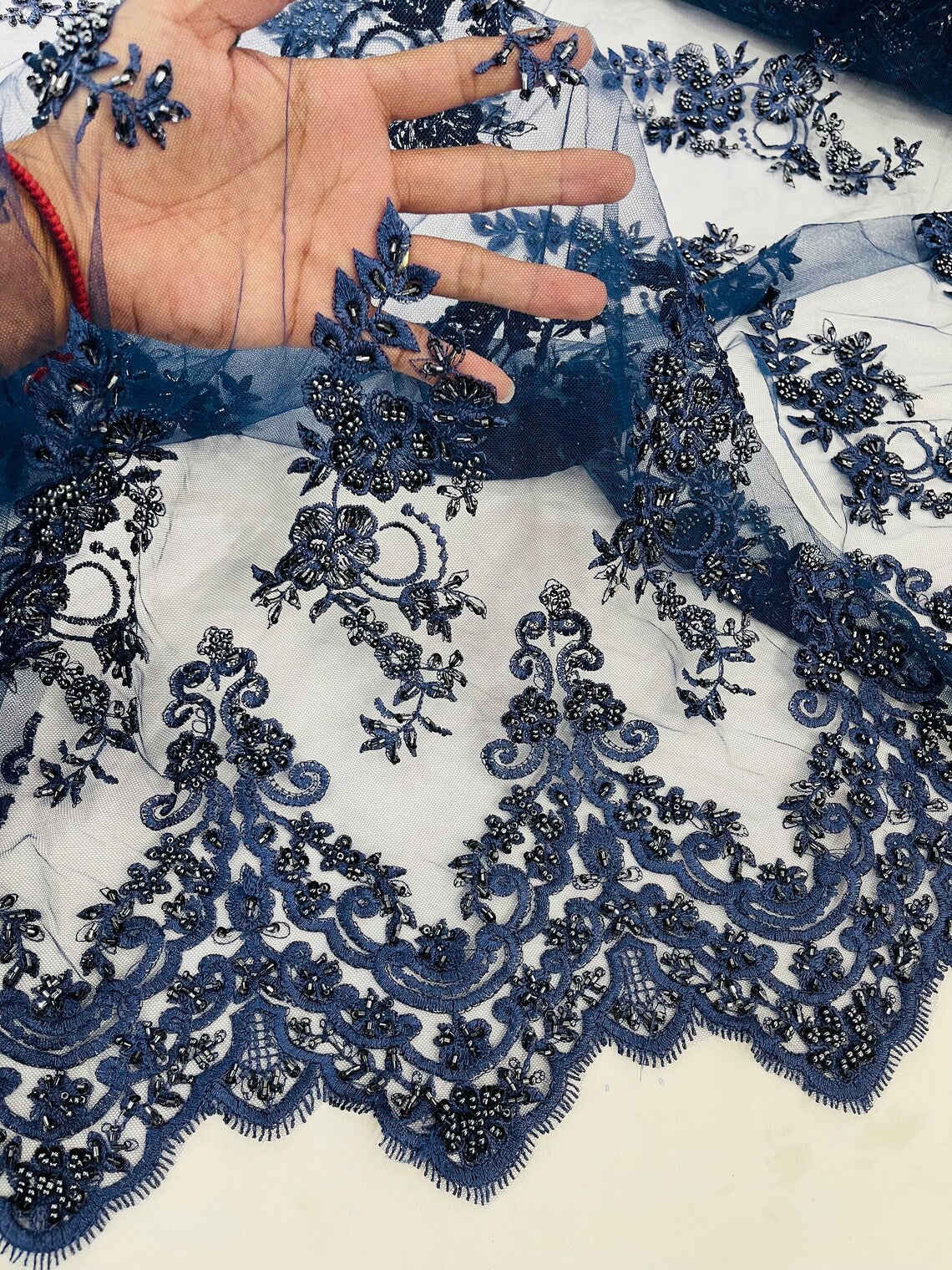 Beaded Floral Fabric - Navy Blue - Embroidered Flower Cluster Beaded Fabric Sold By Yard