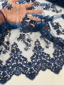 Beaded Floral Fabric - Navy Blue - Embroidered Flower Cluster Beaded Fabric Sold By Yard