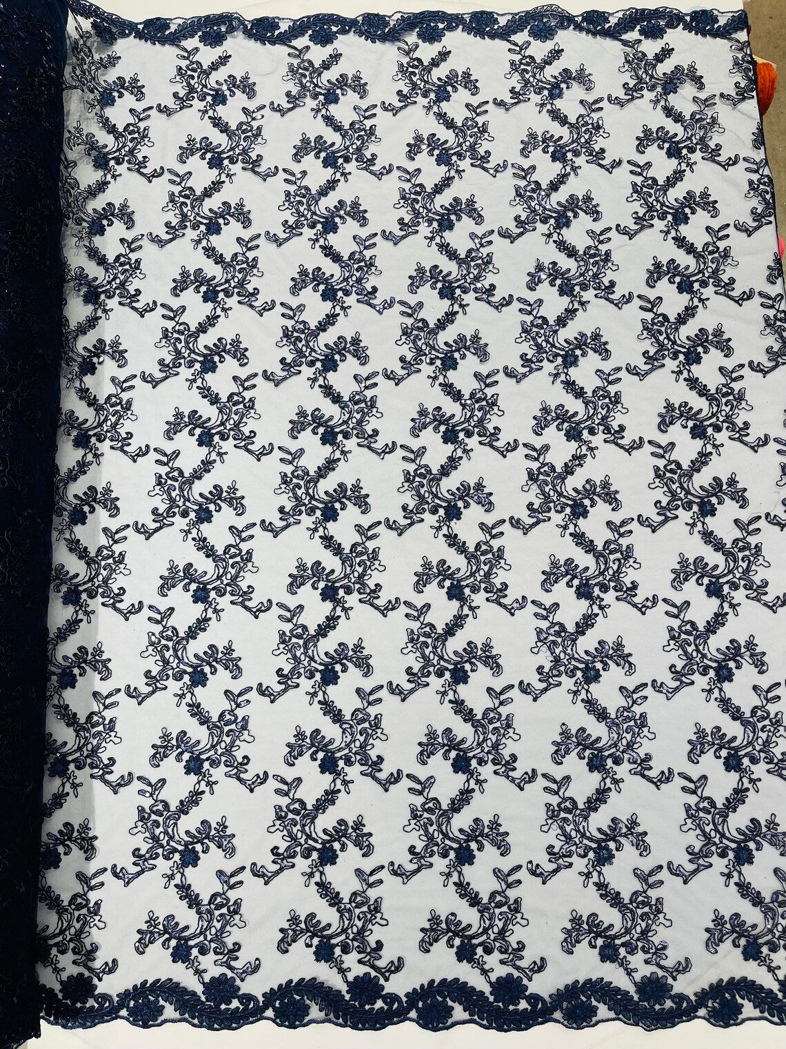 Floral Sequins Lace Fabric - Navy Blue - Embroidery Flower Clusters Design with Shiny Sequins  Fabric Sold By Yard
