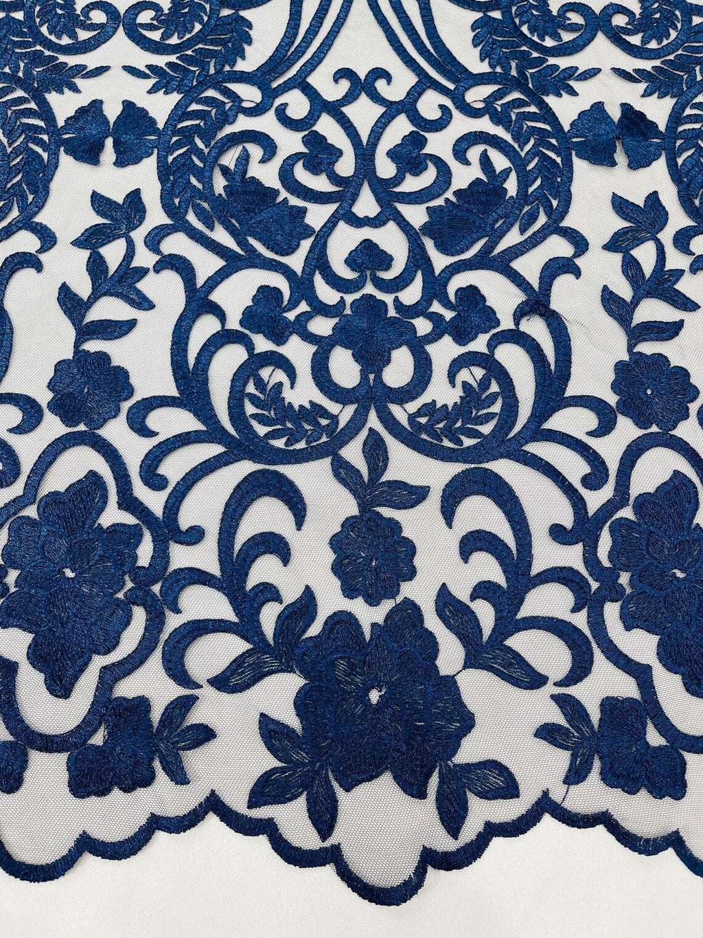 Fancy Damask Lace Fabric - Navy Blue - Embroidered Damask Design Mesh on Lace Fabric by Yard