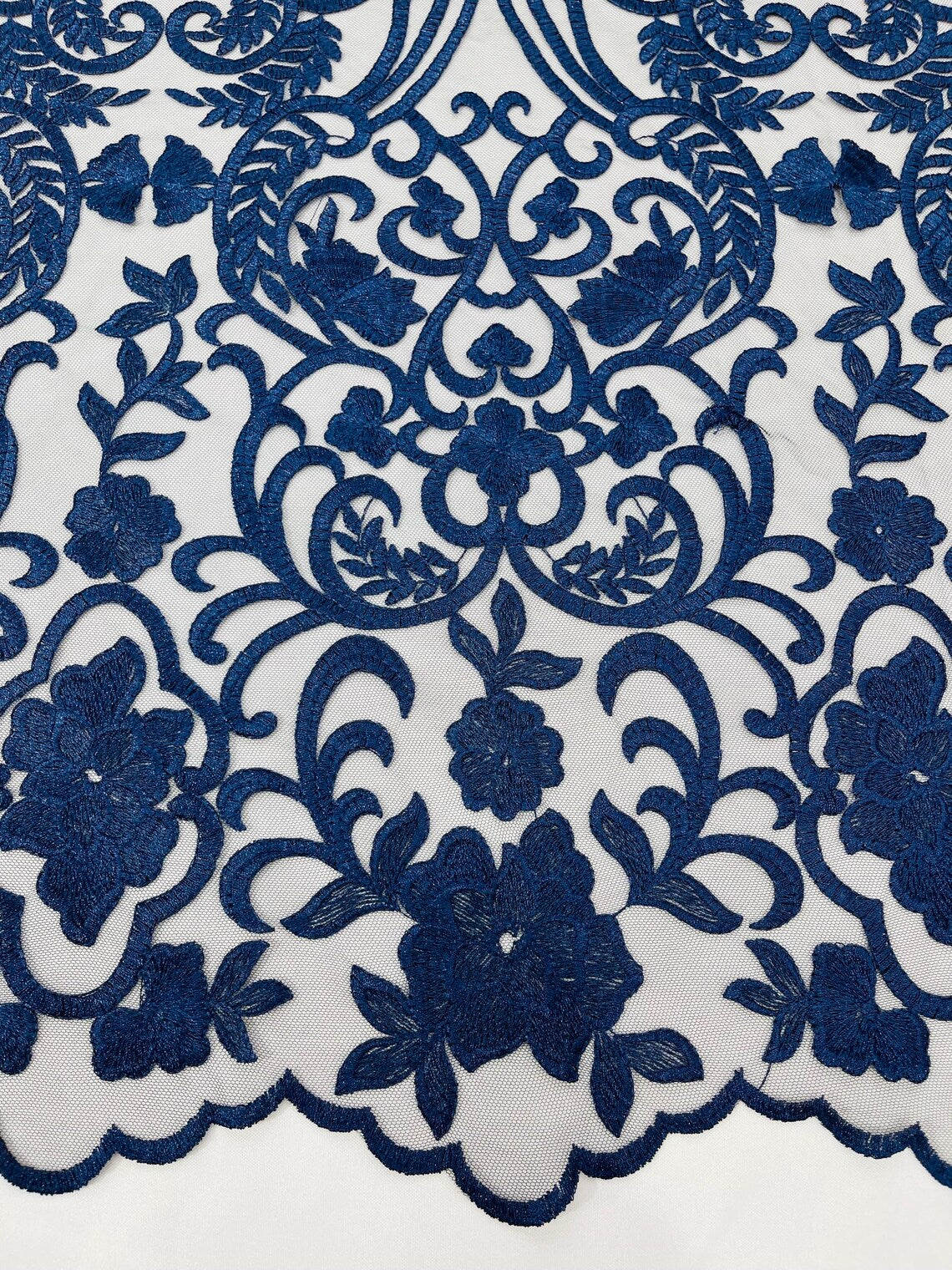 Fancy Damask Lace Fabric - Navy Blue - Embroidered Damask Design Mesh on Lace Fabric by Yard