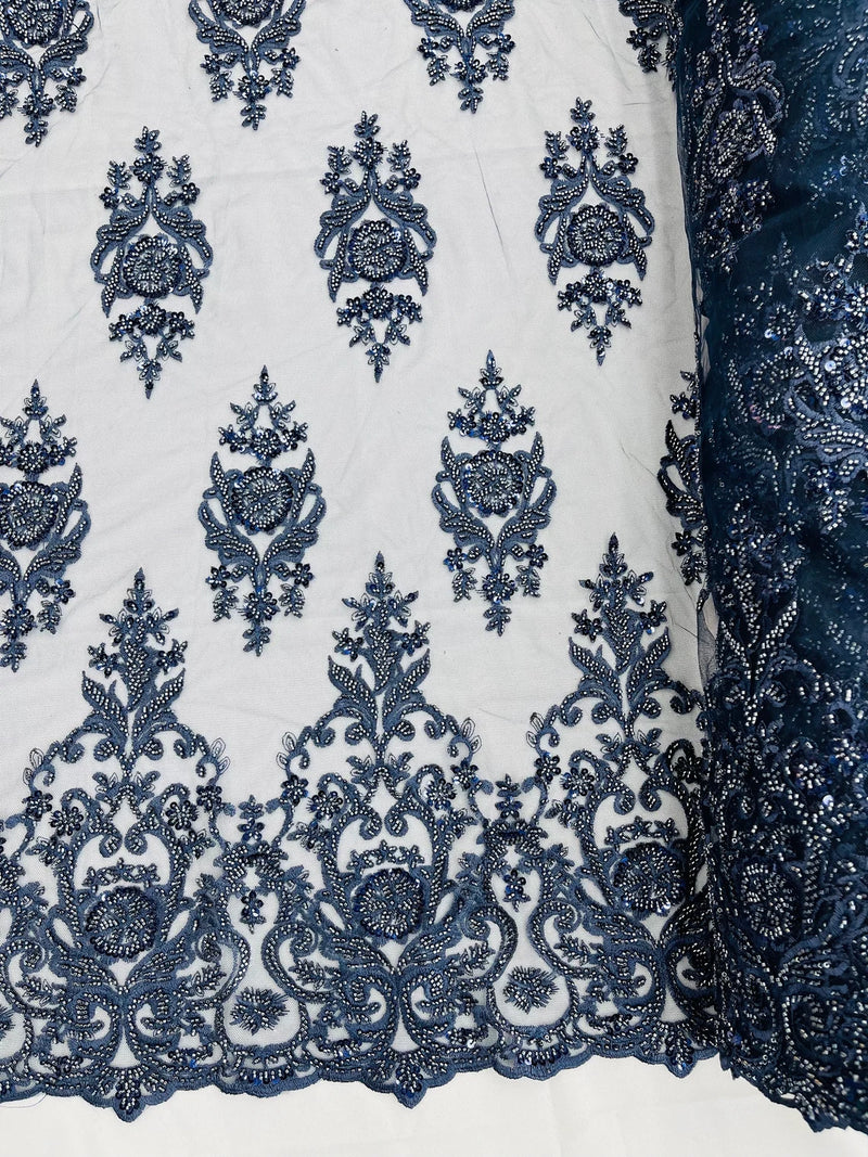 Floral Bead Embroidery Fabric - Navy Blue - Damask Floral Bead Bridal Lace Fabric by the yard