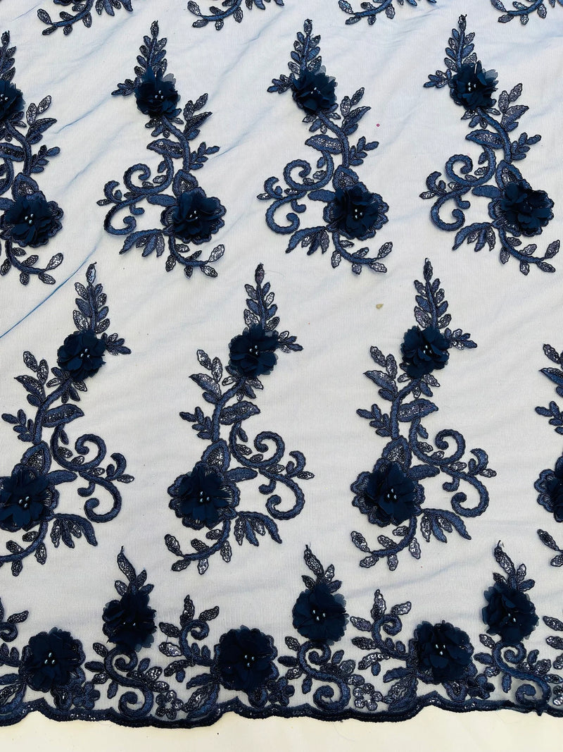 3D Flower Cluster Fabric - Navy Blue - 3D Flower Leaf Design Fabric with Pearls Sold By Yard