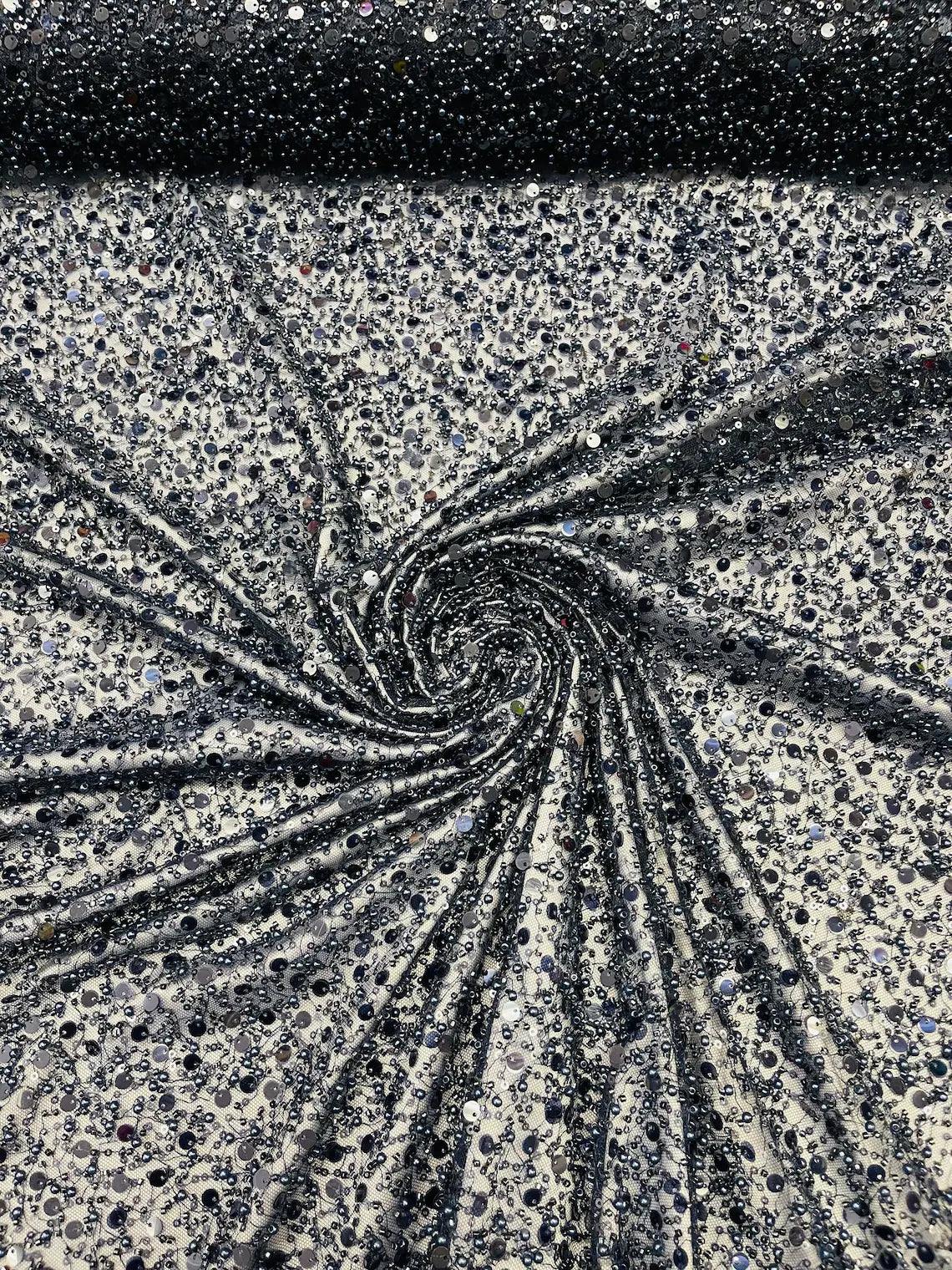 Heavy Duty Sequins Pearl Fabric - Navy Blue - Heavy Handmade Embroidery Lace with Sequins All Over By Yard