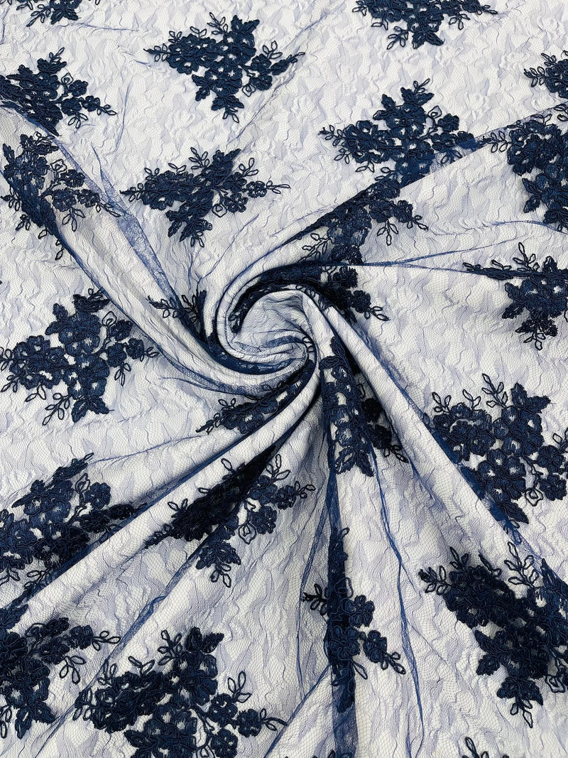 Damask Border Corded Lace - Navy Blue - Floral Cluster Design Damask Border on Lace Fabric Yard