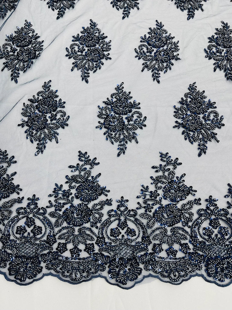 Heavy Beaded Floral Fabric - Navy Blue - Luxury Heavy Duty Bead Bridal Floral Cluster Lace Fabric by the yard