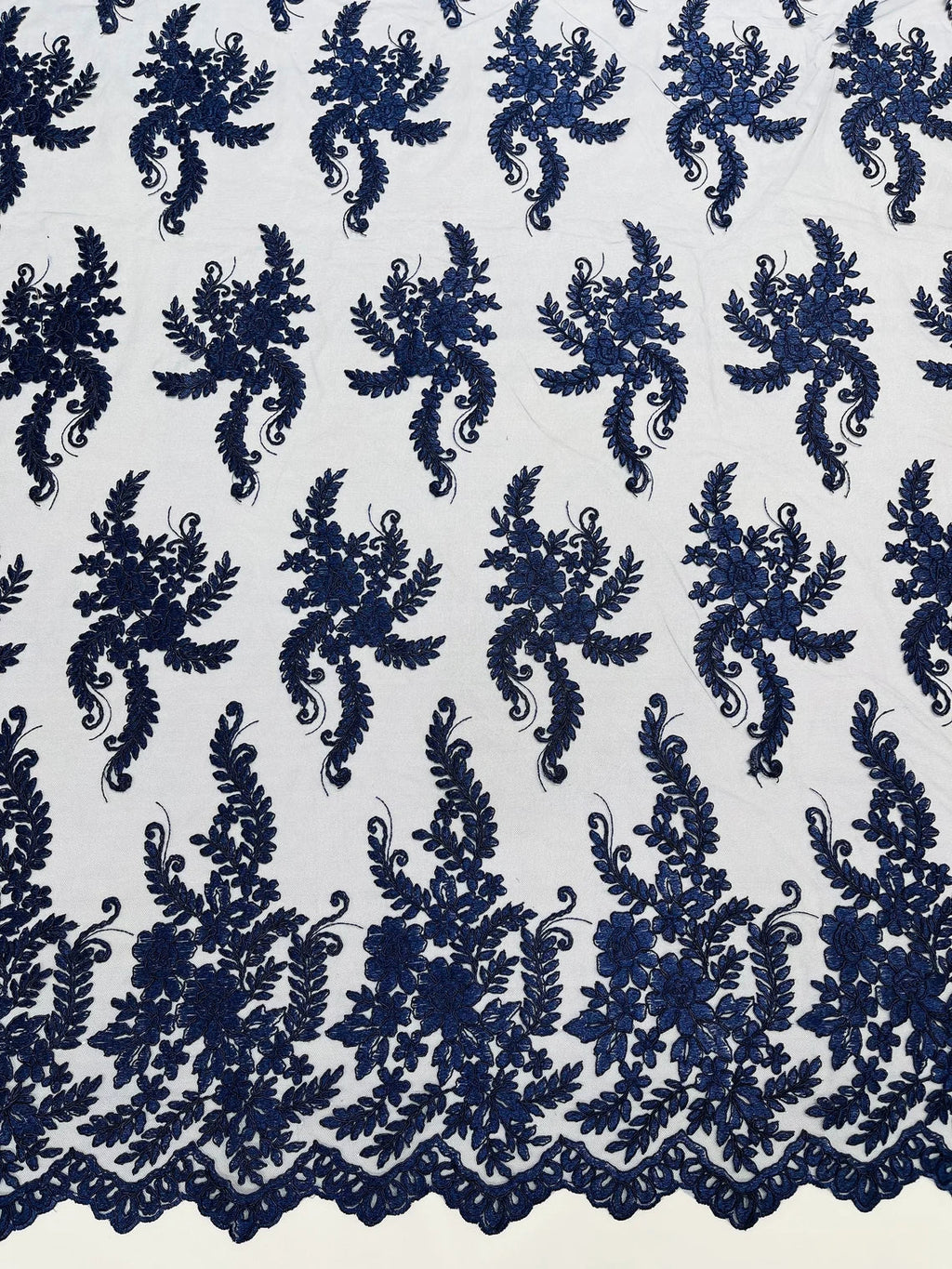 Long Leaf Designs Lace Fabric - Navy Blue - Embroidered Braid Leaf Pattern on Lace Mesh Fabric By Yard