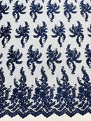 Long Leaf Designs Lace Fabric - Navy Blue - Embroidered Braid Leaf Pattern on Lace Mesh Fabric By Yard